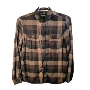 Denim & Flower Men's Large Tan & Blue Flannel Plaid Long Sleeve Shirt